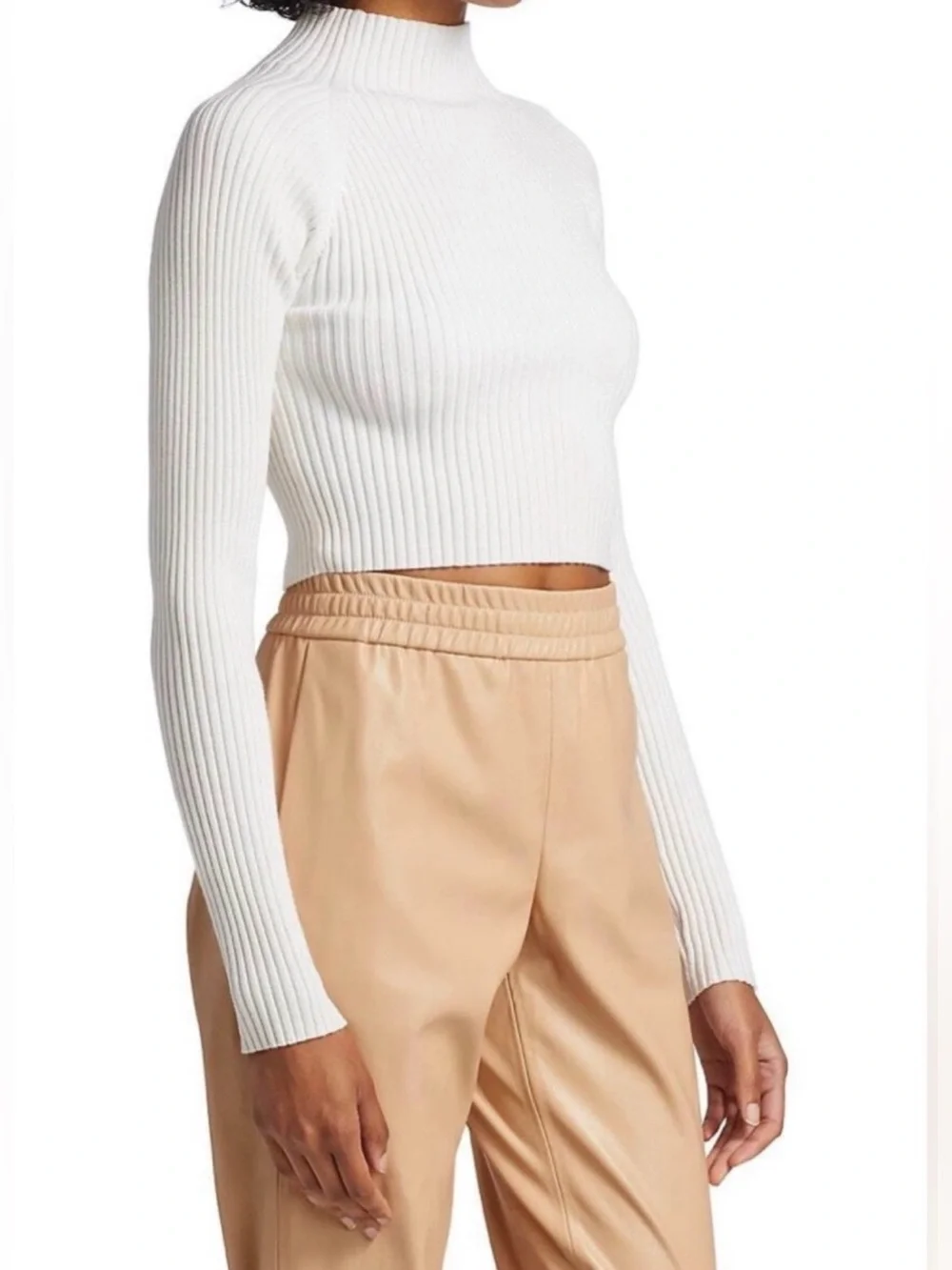NEW Alice + Olivia Irena Mock Neck Cropped Rib Knit Wool Sweater White, Small
